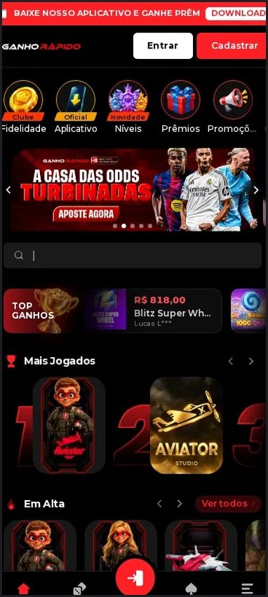 Página inicial móvel do Ganho Rápido, barra de navegação inferior com "Slots" e grade de tiles de jogos, 21.10.2026