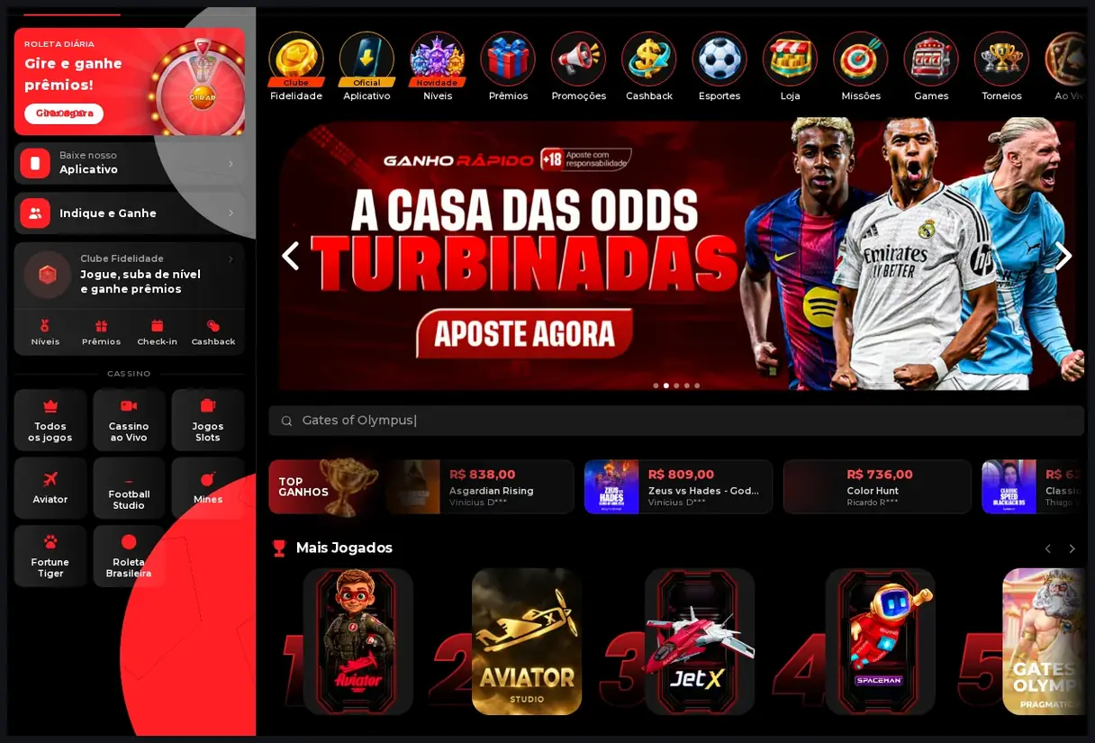 Página inicial do Ganho Rápido Casino, banner hero "A CASA DAS ODDS TURBINADAS" com botão "APOSTE AGORA", 20.10.2026