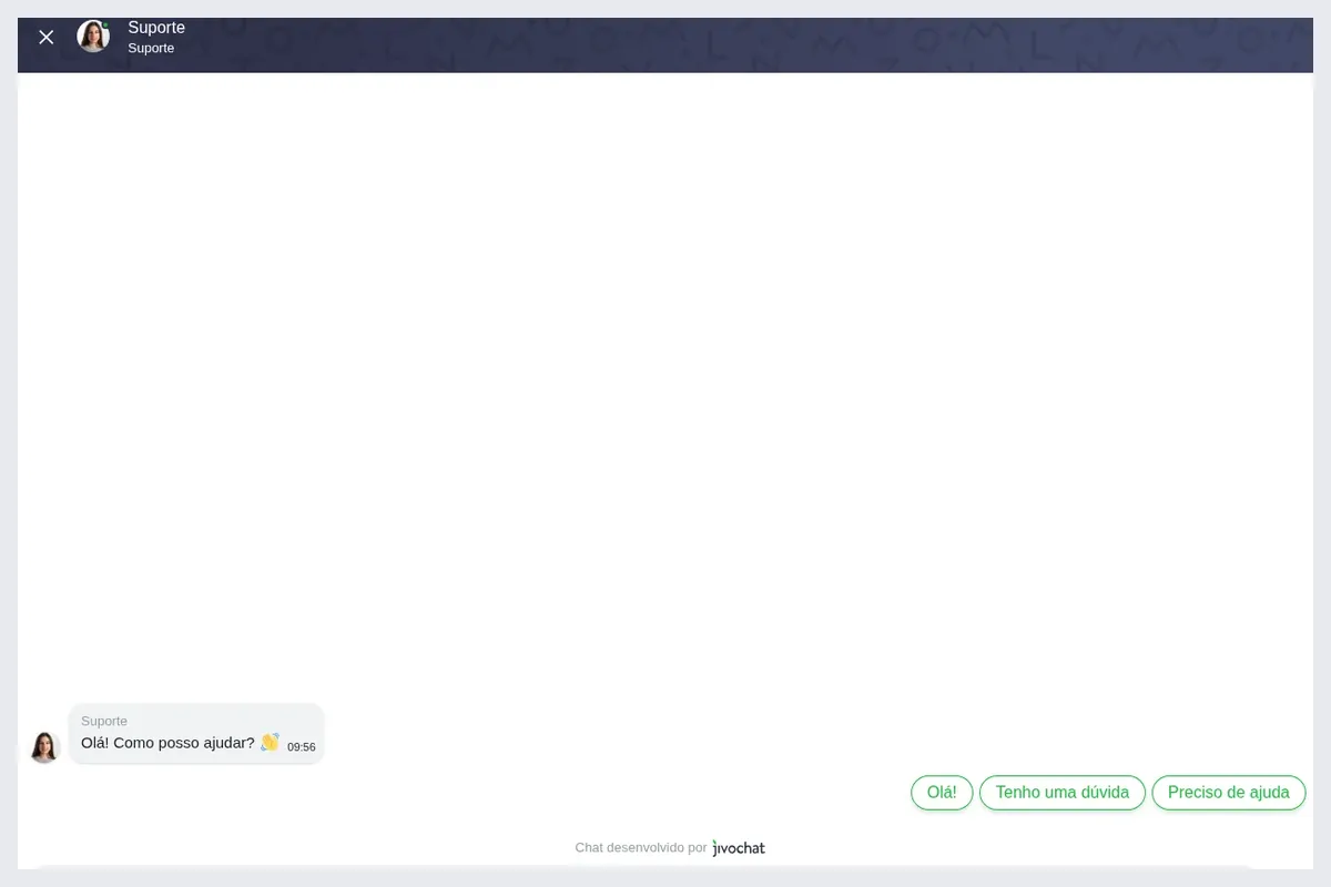 Widget de chat ao vivo de suporte do Ganho Rápido, mensagem de saudação "Olá! Como posso ajudar?" com botões de resposta rápida, 20.10.2026