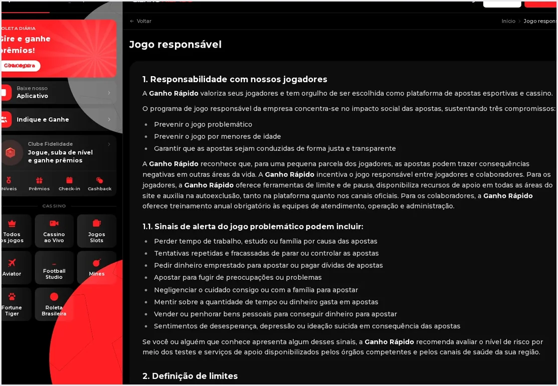 Página de política de jogo responsável do Ganho Rápido, título "Jogo responsável" e lista de sinais de alerta de jogo problemático, 20.10.2026